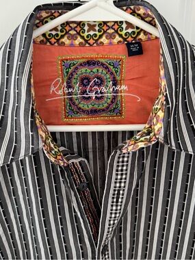 Robert Graham Button Up Blqck White Shirt with Embroidered flip cuffs